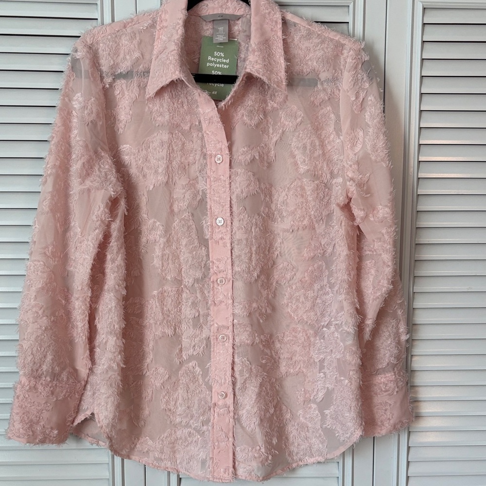 H&M Pink Textured Long Sleeve Blouse Semi-Sheer Size Medium
